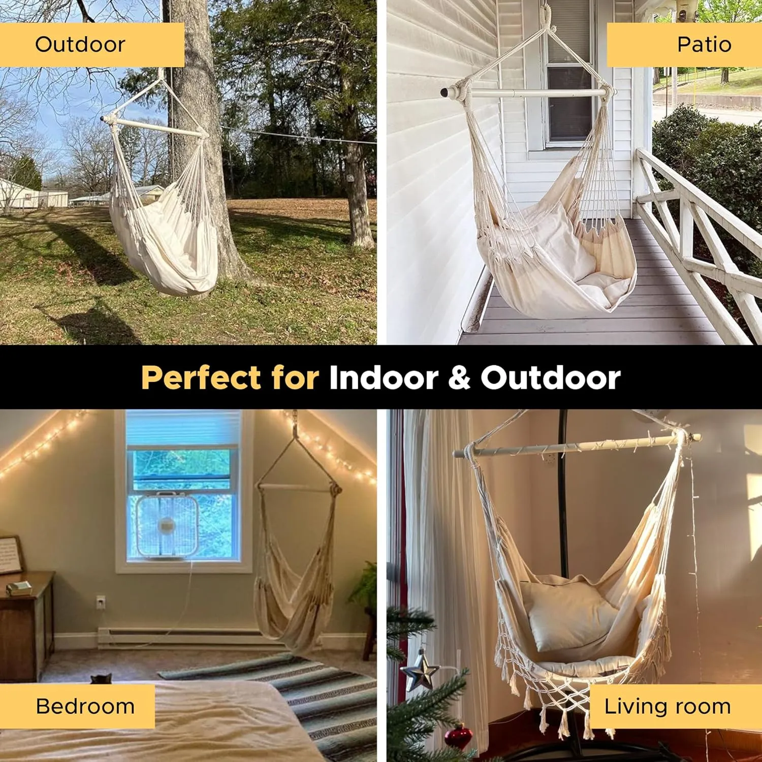 MIZTLI Hammock Chair Hanging Chair Swing Chair XXL Large Macrame Swing Indoor Hammock for Bedroom - Max 500 Lbs - 2 Cushions & All Hanging Kit Included