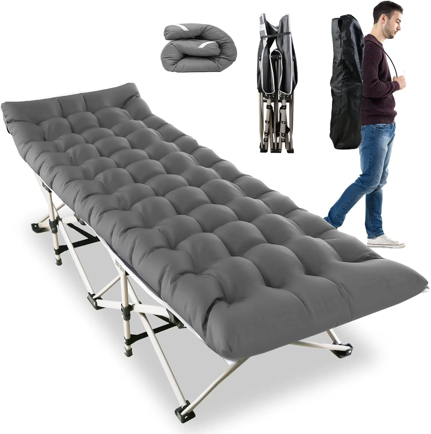 Moclever Folding Camping Cot, Portable Sleeping Cot for Adults, Heavy-Duty 440LBS Capacity Bed, Tear-Resistant 600D Oxford with Removable Soft Pad, 10 Sturdy Legs for Outdoor Camping,Travel,Office Nap