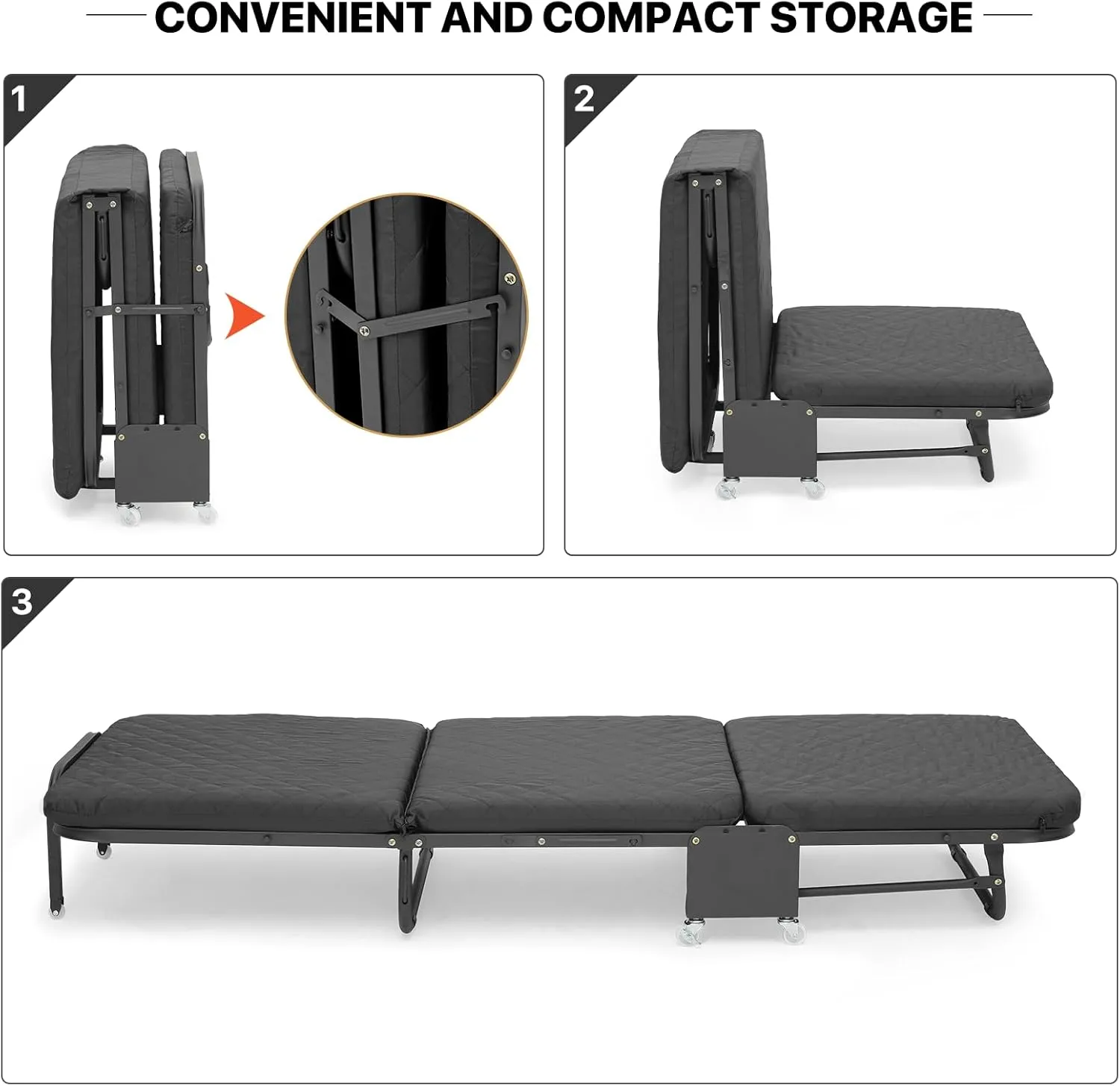 MoNiBloom Folding Bed with Mattress, Rollaway Day Bed Cot Size for Adults w/Adjustable 6 Position, Portable Foldable Guest Bed for Home, Steady Frame with Max 660lbs Load, Easy Storage, Black