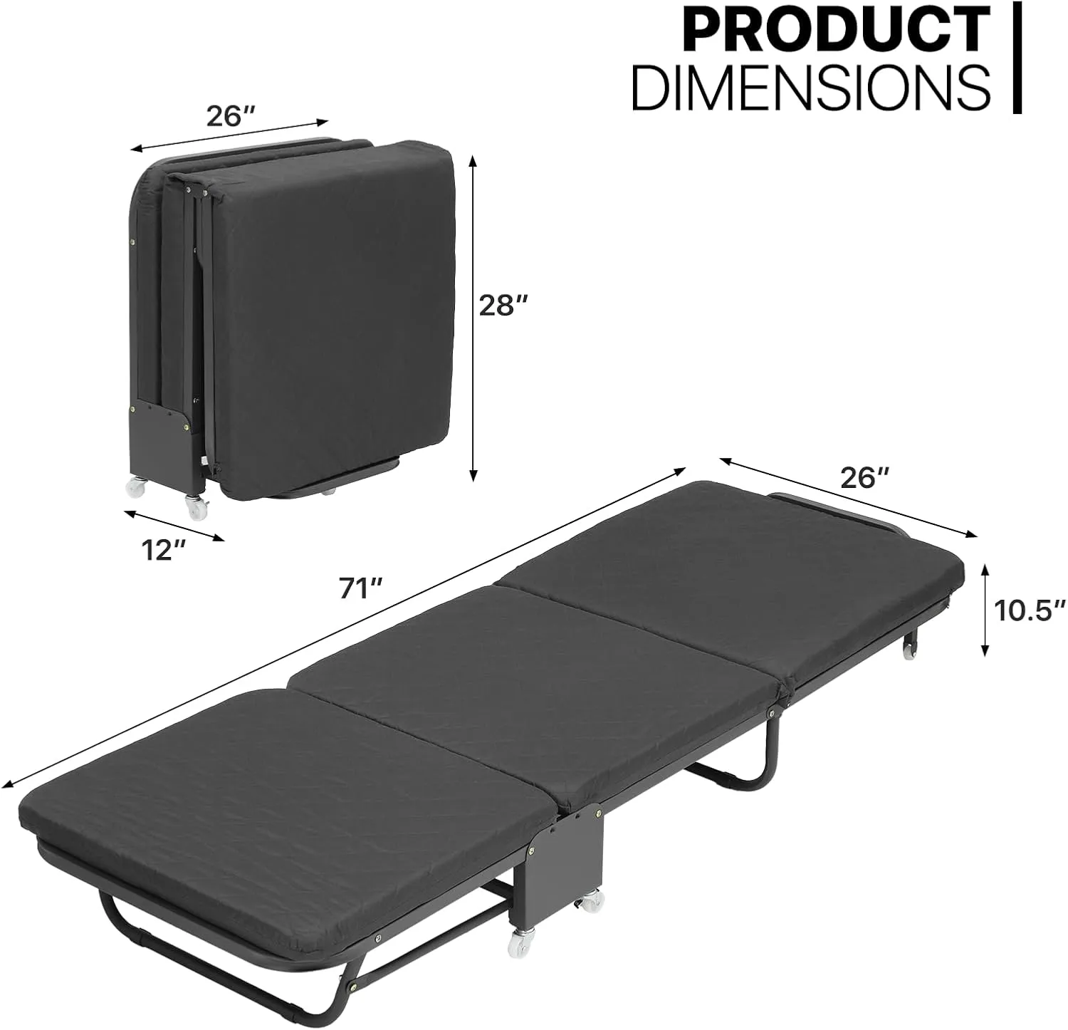 MoNiBloom Folding Bed with Mattress, Rollaway Day Bed Cot Size for Adults w/Adjustable 6 Position, Portable Foldable Guest Bed for Home, Steady Frame with Max 660lbs Load, Easy Storage, Black