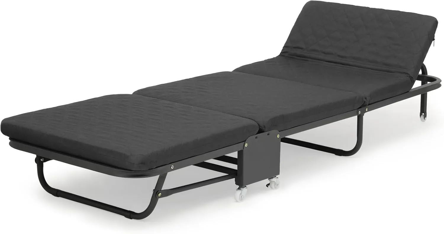 MoNiBloom Folding Bed with Mattress, Rollaway Day Bed Cot Size for Adults w/Adjustable 6 Position, Portable Foldable Guest Bed for Home, Steady Frame with Max 660lbs Load, Easy Storage, Black