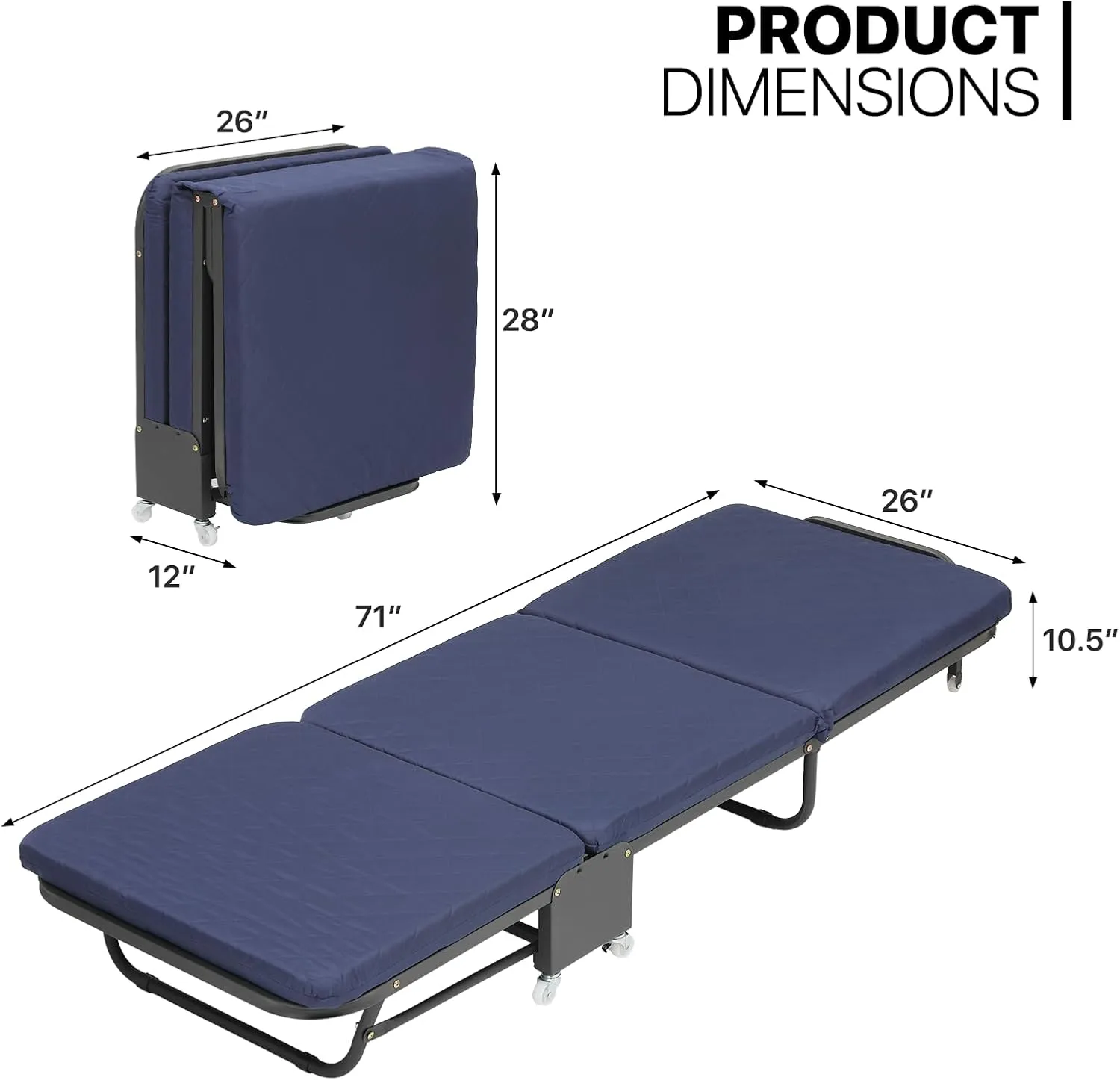 MoNiBloom Folding Bed with Mattress, Rollaway Day Bed Cot Size for Adults w/Adjustable 6 Position, Portable Foldable Guest Bed for Home, Steady Frame with Max 660lbs Load, Easy Storage, Navy Blue