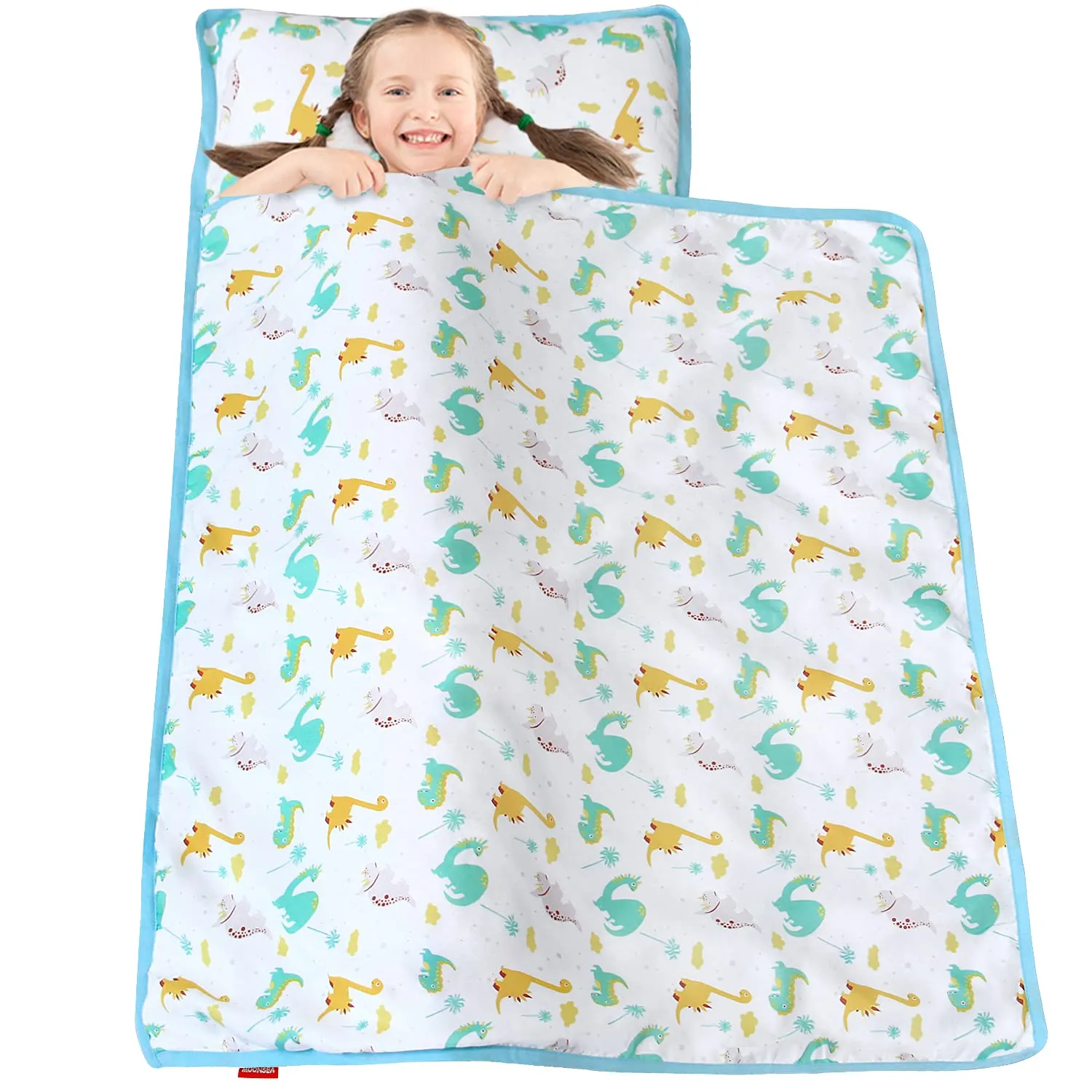 Moonsea Nap Mat for Toddlers Dinosaur with Pillow and Fleece Minky Blanket, Lightweight Perfect for Kids Preschool, Daycare, Travel Sleeping Bag Boys Girls, 21" x 50" Fit on a Standard Cot