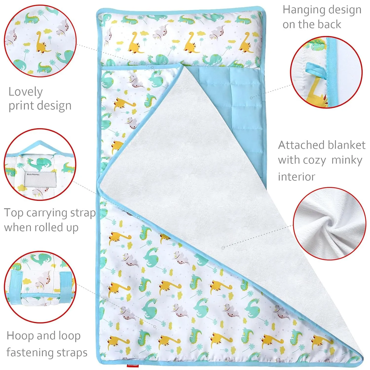 Moonsea Nap Mat for Toddlers Dinosaur with Pillow and Fleece Minky Blanket, Lightweight Perfect for Kids Preschool, Daycare, Travel Sleeping Bag Boys Girls, 21" x 50" Fit on a Standard Cot