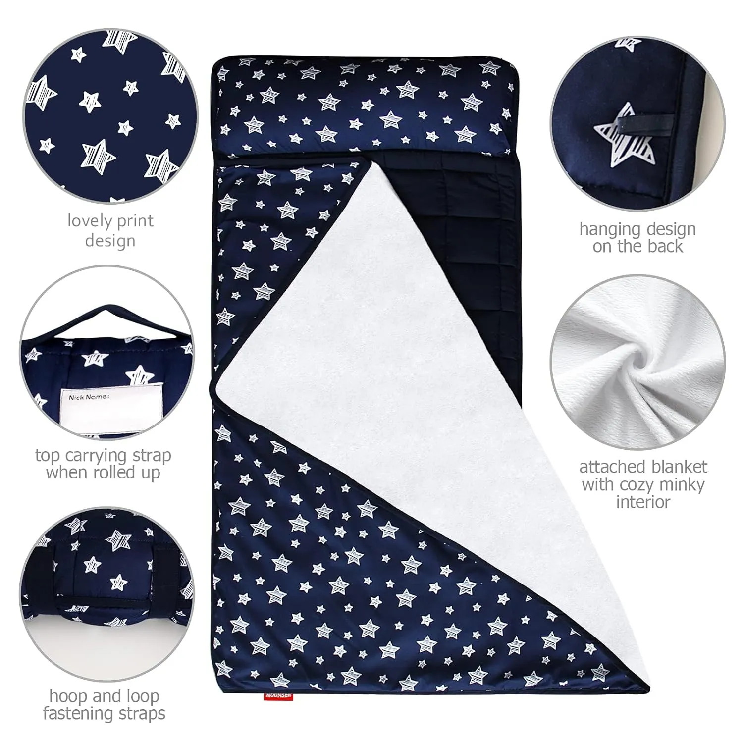 Moonsea Toddler Nap Mat Boy Navy with Pillow and Fleece Minky Blanket, Lightweight and Soft Perfect for Kids Preschool, Daycare, Travel Sleeping Bag for Boys, 21" x 50" Fit on a Standard Cot