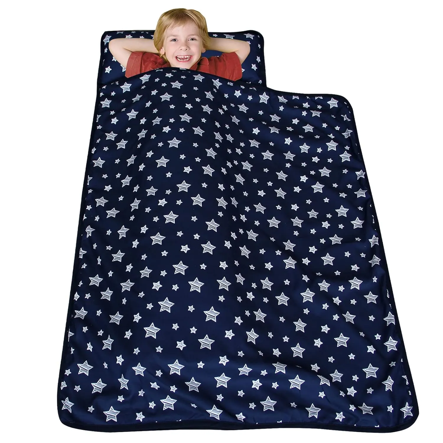 Moonsea Toddler Nap Mat Boy Navy with Pillow and Fleece Minky Blanket, Lightweight and Soft Perfect for Kids Preschool, Daycare, Travel Sleeping Bag for Boys, 21" x 50" Fit on a Standard Cot