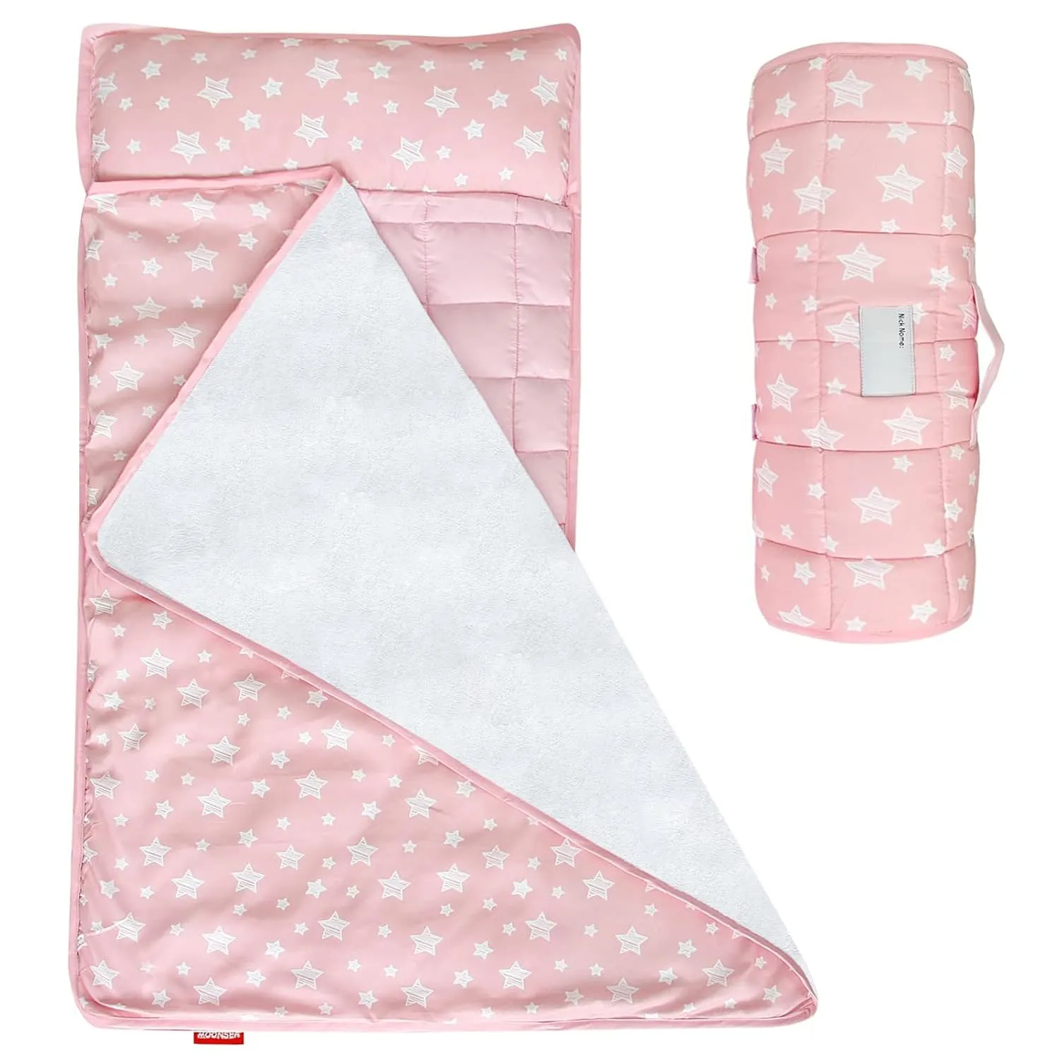 Moonsea Toddler Nap Mat Pink, with Pillow and Fleece Minky Blanket, Lightweight and Soft Perfect for Kids Preschool, Daycare, Travel Sleeping Bag for Girls, 21" x 50" Fit on a Standard Cot