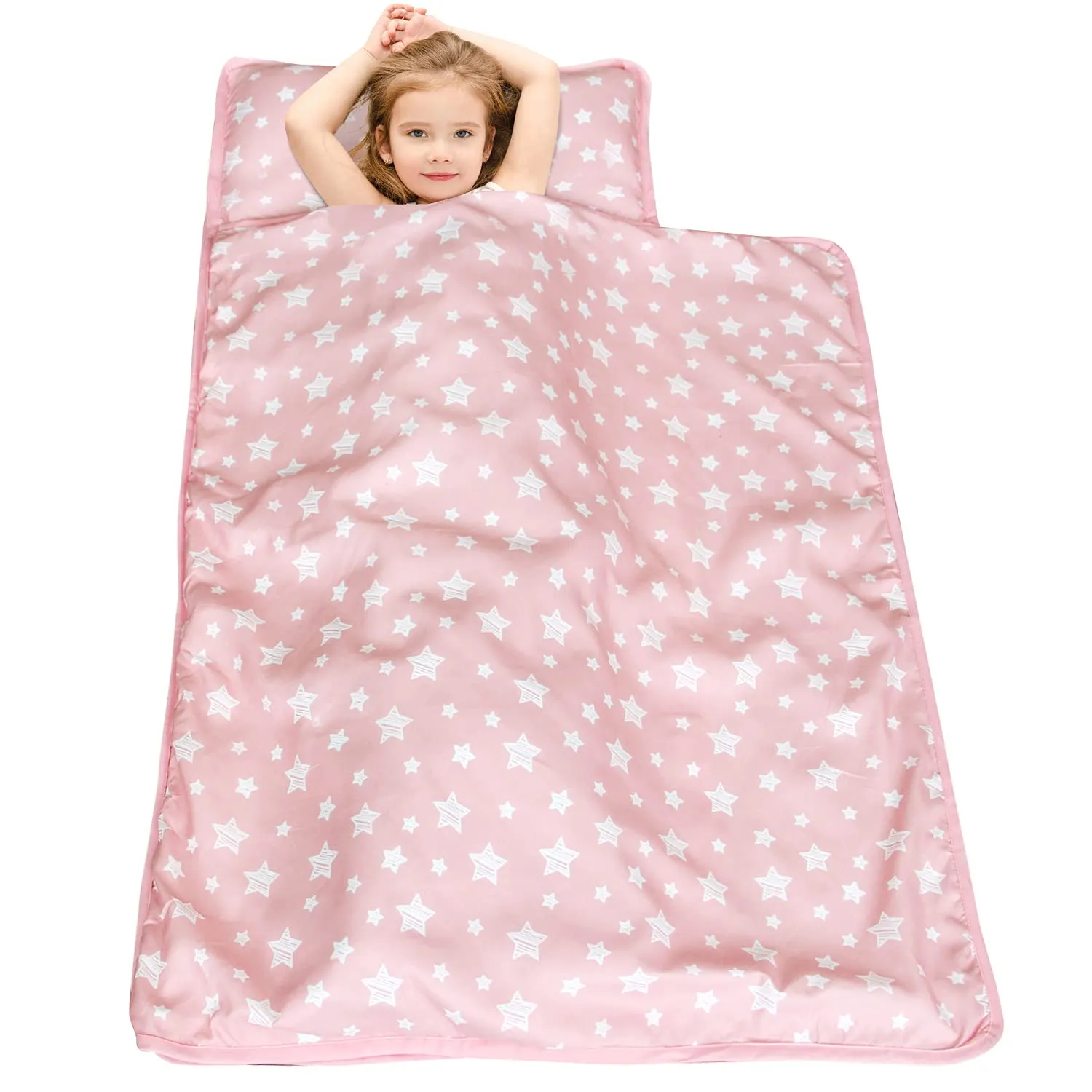 Moonsea Toddler Nap Mat Pink, with Pillow and Fleece Minky Blanket, Lightweight and Soft Perfect for Kids Preschool, Daycare, Travel Sleeping Bag for Girls, 21" x 50" Fit on a Standard Cot
