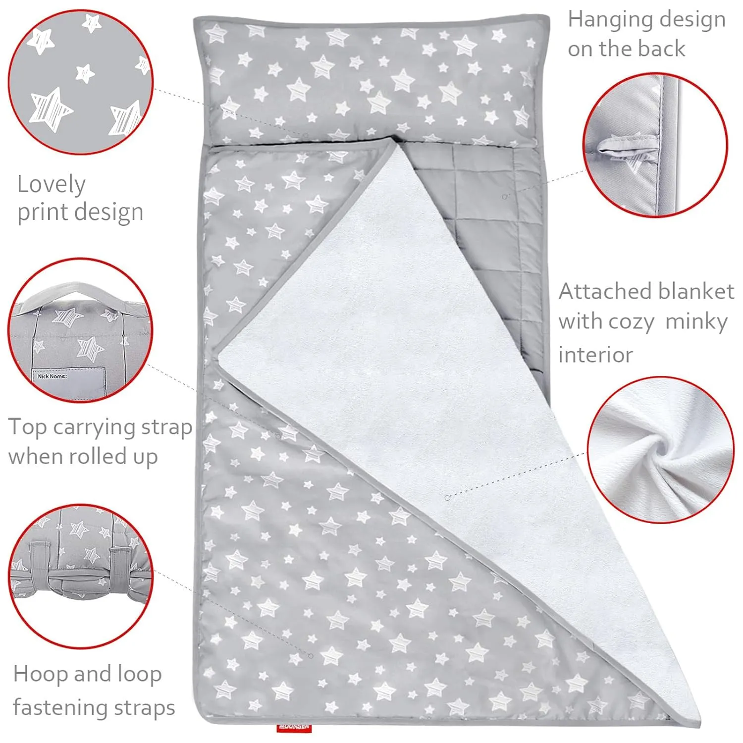 Moonsea Toddler Nap Mat with Pillow and Fleece Minky Blanket, Lightweight, Soft Perfect for Kids Preschool, Daycare, Travel Sleeping Bag Boys and Girls, 21" x 50" Fit Standard Cot