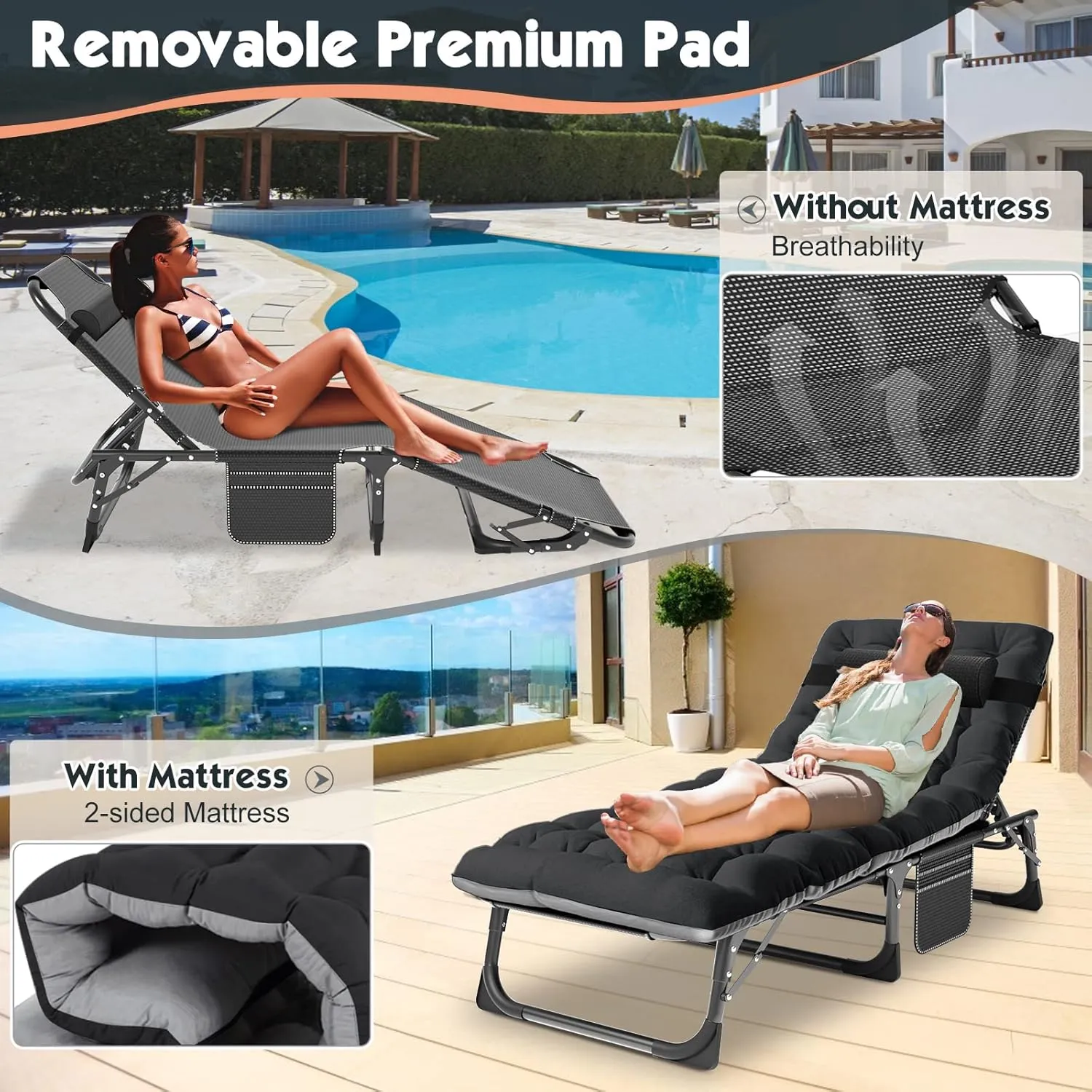 MOPHOTO Portable Folding Camping Cot with Mattress, Adjustable 5-Position Lounge Chaise Chairs Folding Bed Sleeping Cots Beds for Adults, Use for Outdoor Travel Camp Beach Patio