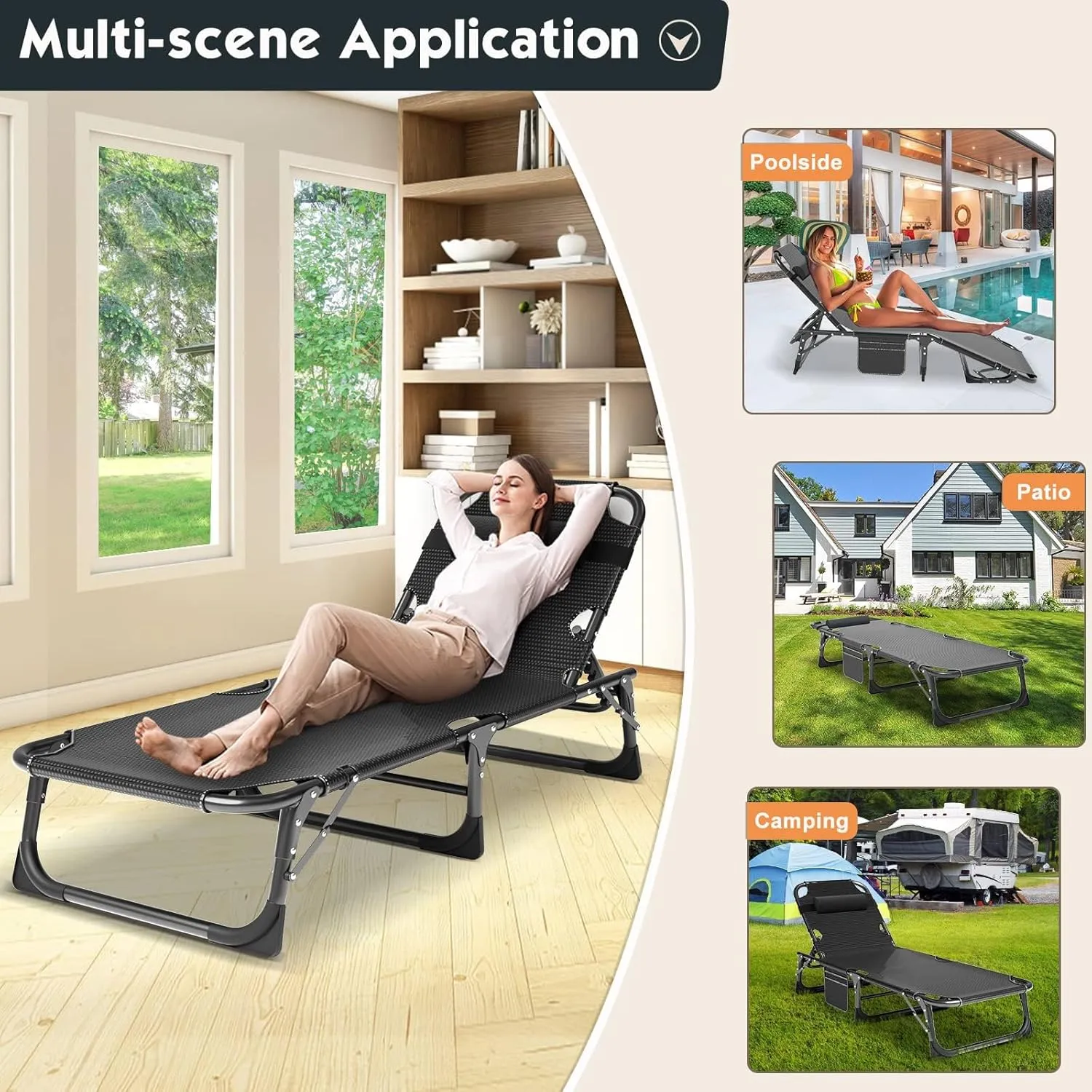 MOPHOTO Portable Folding Camping Cot with Mattress, Adjustable 5-Position Lounge Chaise Chairs Folding Bed Sleeping Cots Beds for Adults, Use for Outdoor Travel Camp Beach Patio