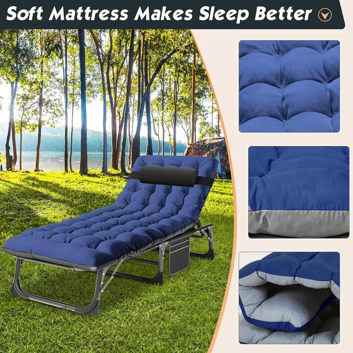MOPHOTO Portable Folding Camping Cot with Mattress, Adjustable 5-Position Lounge Chaise Chairs Folding Bed Sleeping Cots Beds for Adults, Use for Outdoor Travel Camp Beach Patio