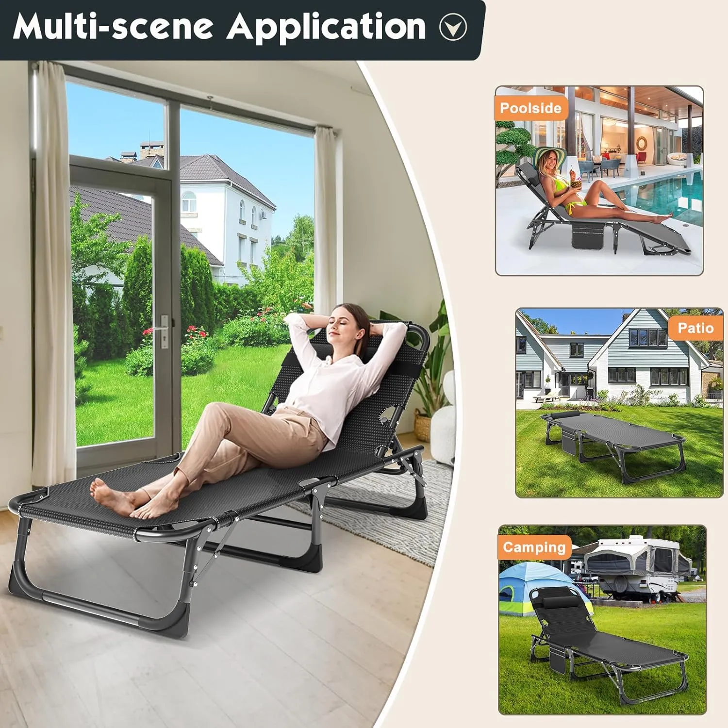 MOPHOTO Portable Folding Camping Cot with Mattress, Adjustable 5-Position Lounge Chaise Chairs Folding Bed Sleeping Cots Beds for Adults, Use for Outdoor Travel Camp Beach Patio