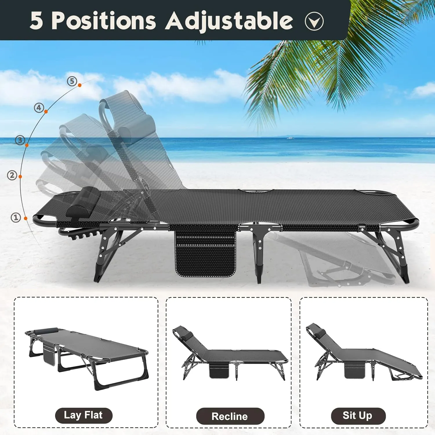 MOPHOTO Portable Folding Camping Cot with Mattress, Adjustable 5-Position Lounge Chaise Chairs Folding Bed Sleeping Cots Beds for Adults, Use for Outdoor Travel Camp Beach Patio