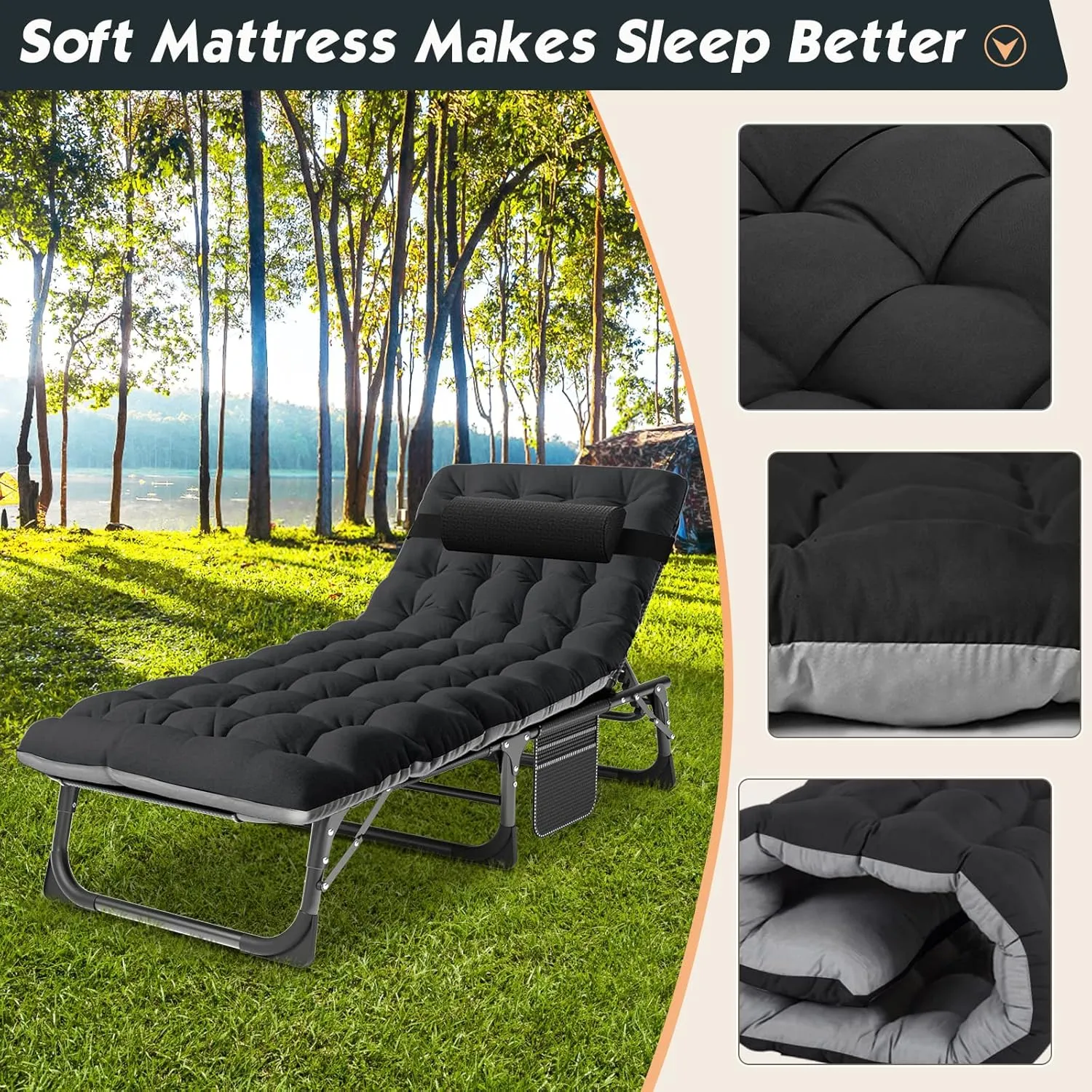 MOPHOTO Portable Folding Camping Cot with Mattress, Adjustable 5-Position Lounge Chaise Chairs Folding Bed Sleeping Cots Beds for Adults, Use for Outdoor Travel Camp Beach Patio