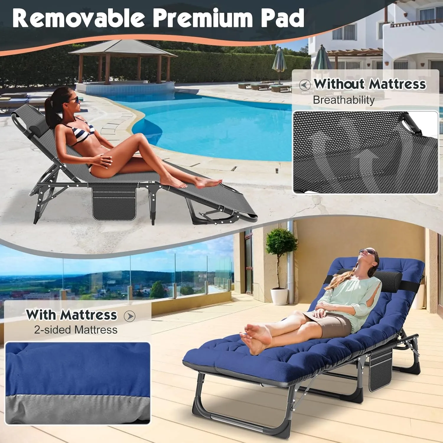 MOPHOTO Portable Folding Camping Cot with Mattress, Adjustable 5-Position Lounge Chaise Chairs Folding Bed Sleeping Cots Beds for Adults, Use for Outdoor Travel Camp Beach Patio
