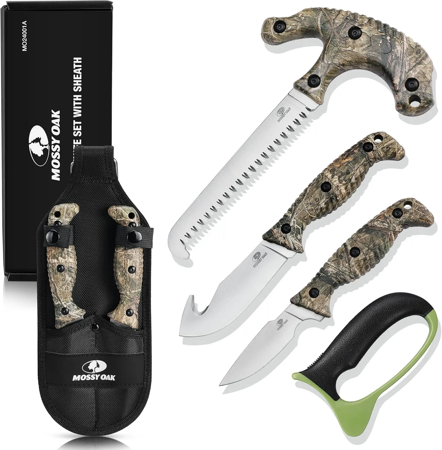 MOSSY OAK Field Dressing Kit, 4 Pcs Camouflage Hunting Knife Set with Sheath, Gut-Hook Skinner, Caping Knife, Wood/Bone Saw, Knife Sharpener, for Deer Hunting, Camping, Perfect Hunting Gifts for Men