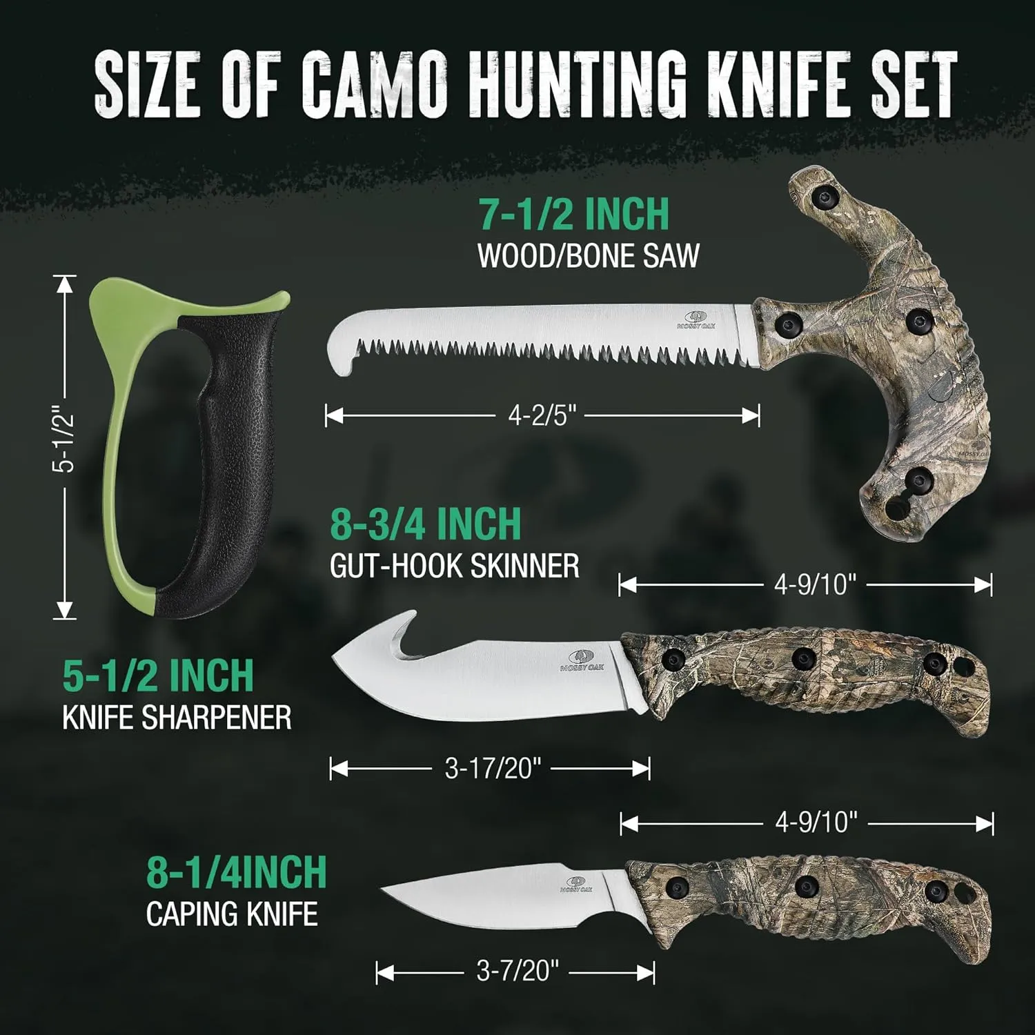 MOSSY OAK Field Dressing Kit, 4 Pcs Camouflage Hunting Knife Set with Sheath, Gut-Hook Skinner, Caping Knife, Wood/Bone Saw, Knife Sharpener, for Deer Hunting, Camping, Perfect Hunting Gifts for Men