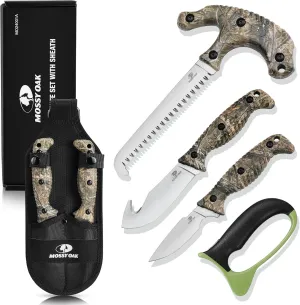 MOSSY OAK Field Dressing Kit, 4 Pcs Camouflage Hunting Knife Set with Sheath, Gut-Hook Skinner, Caping Knife, Wood/Bone Saw, Knife Sharpener, for Deer Hunting, Camping, Perfect Hunting Gifts for Men