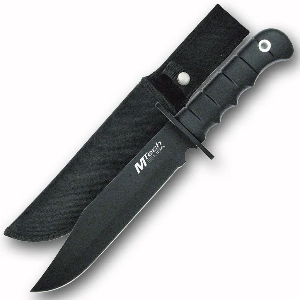 MTech MT096 14" BIG Fixed Black Blade Bowie Knife,Finger Grip Handle & Sheath!