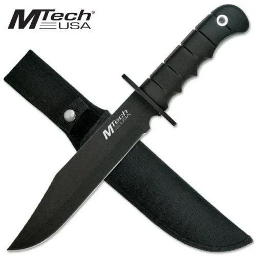MTech MT096 14" BIG Fixed Black Blade Bowie Knife,Finger Grip Handle & Sheath!