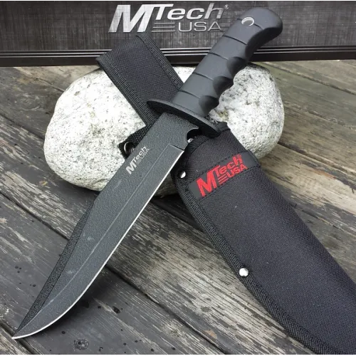 MTech MT096 14" BIG Fixed Black Blade Bowie Knife,Finger Grip Handle & Sheath!