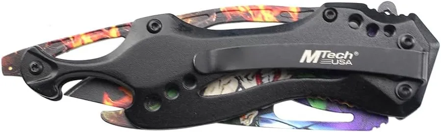 MTECH USA Folding Knife, 3.75-Inch Half-Serrated Blade, Titanium Coating, Glass Breaker, Pocket Clip