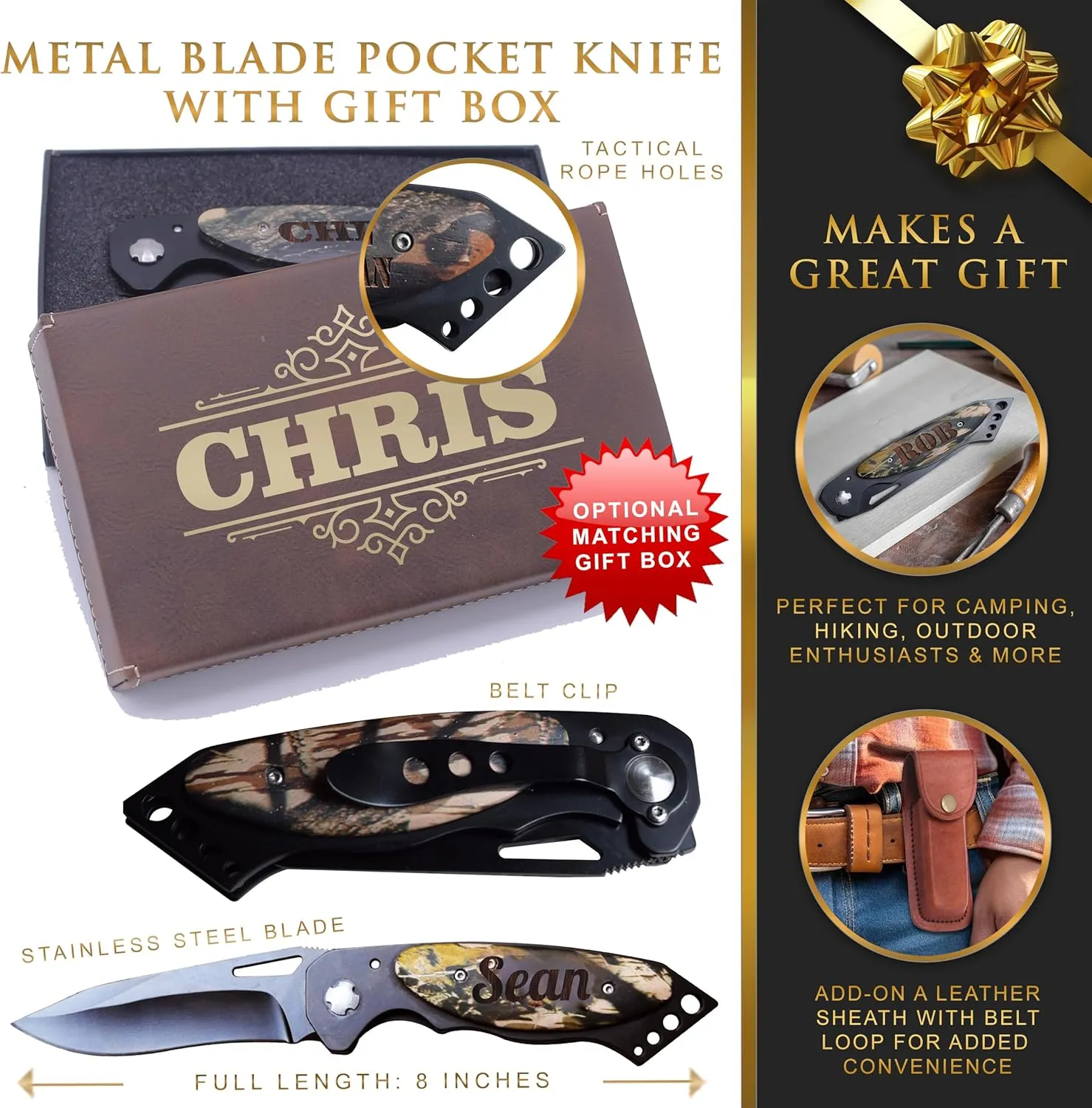 My Personal Memories Custom Engraved Folding Pocket Knife with Wood Handle, Personalized Groomsmen, Husband, Fishing, Hunting, Gift Knife (Camo Handle)