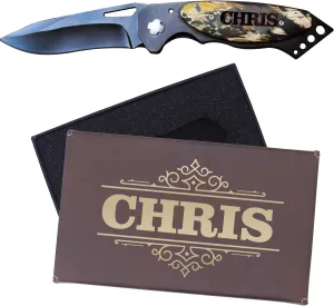 My Personal Memories Custom Engraved Folding Pocket Knife with Wood Handle, Personalized Groomsmen, Husband, Fishing, Hunting, Gift Knife (Camo Handle)