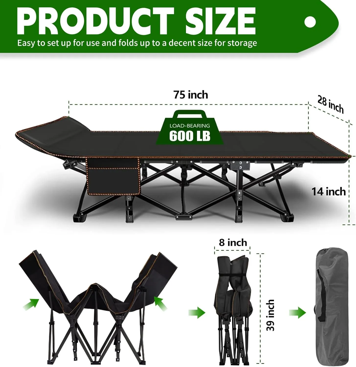 NAIZEA Folding Camping Cots for Adults, Folding Cot with Mattress Camping Bed Camp Cot Portable Military Cot, Double Layer Oxford Strong Heavy Duty Sleeping Cots with Carry Bag for Camp Office Use