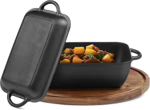 Navaris Cast Iron Dutch Oven Pan Set with Lid, 3.8L, Black - Use as Skillet, Griddle, Pot or Casserole Dish - Baking Pots and Pans for Frying, Roasting, Grilling & Camping Cooking