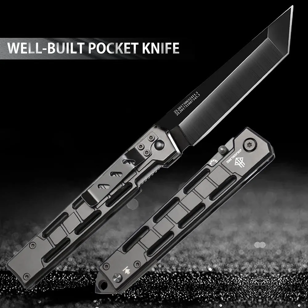 NedFoss EDC Knife, 8" Tanto Folding Knife with Slingshot, Stainless Steel Tanto Blade with Black-Oxide Coating, Thumb Open Outdoor Camping Pocket Knife with Liner Lock and Pocket Clip
