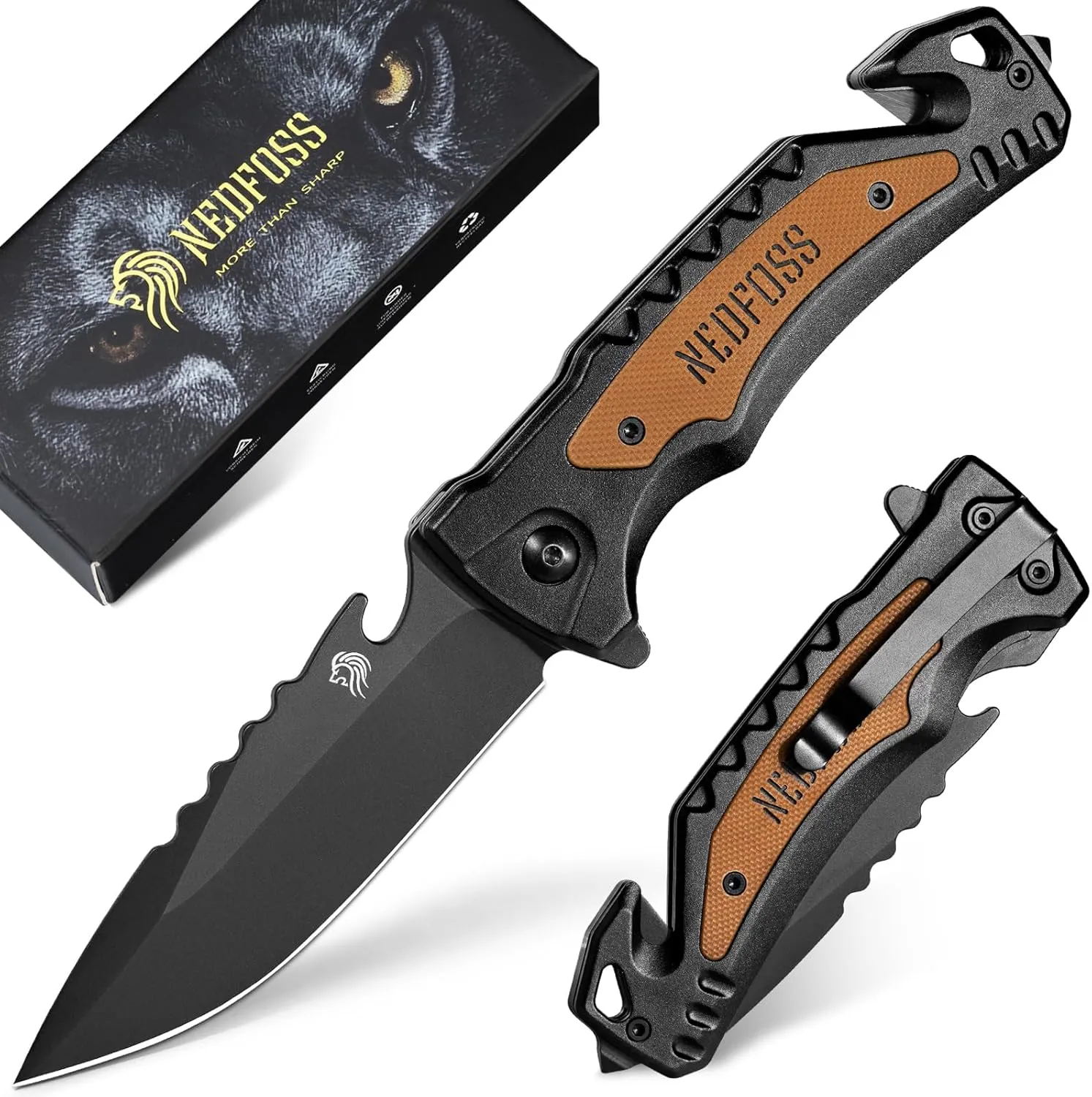 NedFoss Pocket Folding Knife DA169, 4 in 1 Pocket Knife for Men, Survival Knife with Liner-Lock Belt Clip, Seat Belt Cutter, Glass Breaker,Bottle Opener, Hunting knife for Camping Hiking