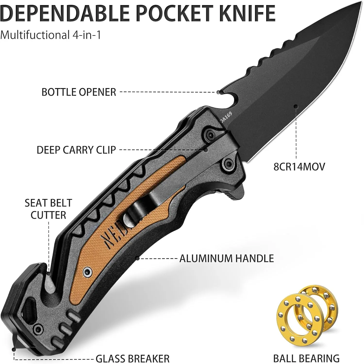 NedFoss Pocket Folding Knife DA169, 4 in 1 Pocket Knife for Men, Survival Knife with Liner-Lock Belt Clip, Seat Belt Cutter, Glass Breaker,Bottle Opener, Hunting knife for Camping Hiking