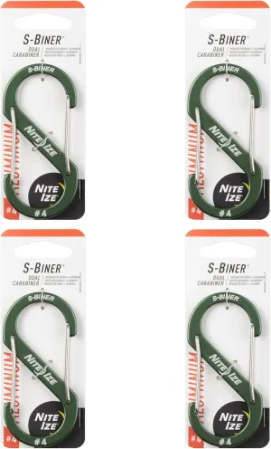 Nite Ize S-Biner Aluminum Dual Carabiner - Durable Dual Carabiner with Wire Gate Closure - Carabiner for Organizing Keys & Gear Attachments - Size 4, Olive (4 Pack)