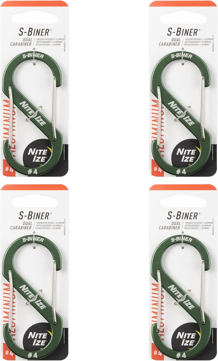Nite Ize S-Biner Aluminum Dual Carabiner - Durable Dual Carabiner with Wire Gate Closure - Carabiner for Organizing Keys & Gear Attachments - Size 4, Olive (4 Pack)