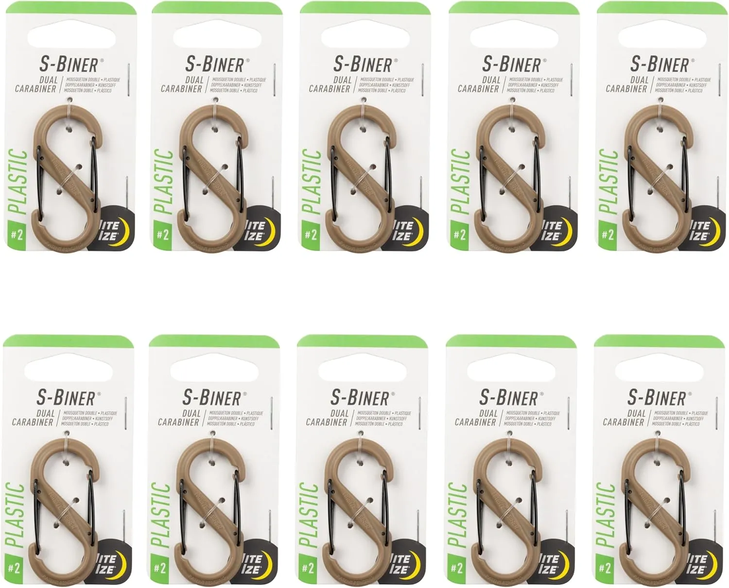 Nite Ize S-Biner Dual Carabiner Plastic - Durable Dual Carabiner with Wire Gate Closure for Organizing Keys & Keychain Attachments - Size 2, Coyote (10 Pack)