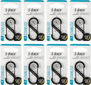 Nite Ize S-Biner Stainless Steel Dual Carabiner - Multi Purpose Dual Carabiner Clip - Great for Camping Supplies & Hiking Essentials - Secure Key Holder - Size 2, Black (8 Pack)