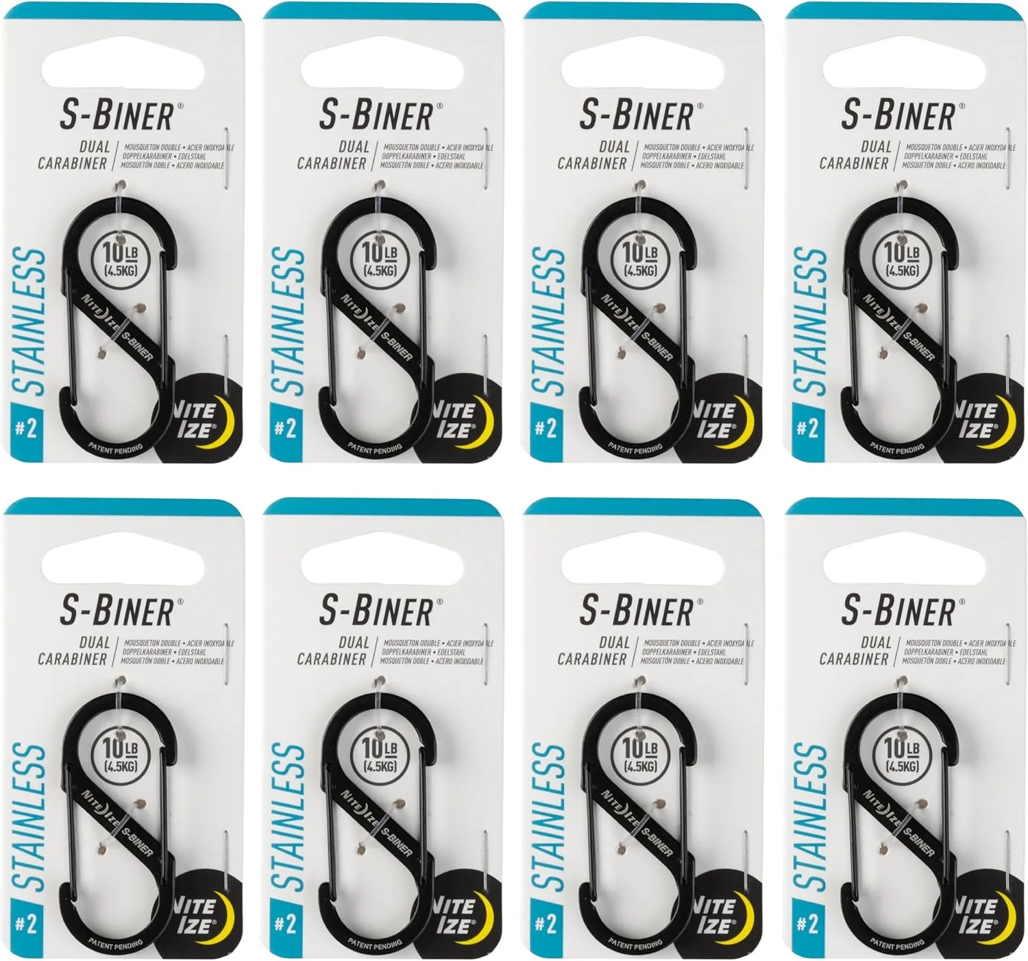 Nite Ize S-Biner Stainless Steel Dual Carabiner - Multi Purpose Dual Carabiner Clip - Great for Camping Supplies & Hiking Essentials - Secure Key Holder - Size 2, Black (8 Pack)