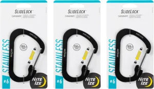 Nite Ize SlideLock Carabiner Stainless Steel - Key Holder Carabiner for Daily Use - Secure Keychain Organizer with Lock - Lockable Carabiner Fits Multiple Keys - Size 6, Black (3 Pack)