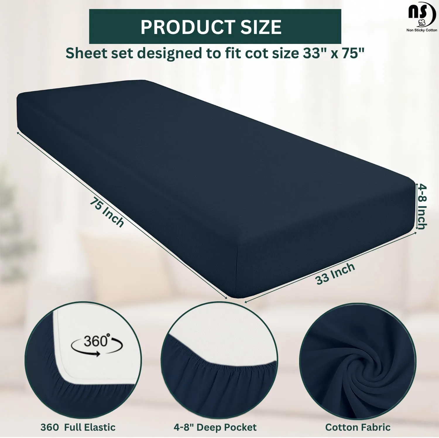 NON Sticky cotton Premium Fitted Cot Sheets, 4 Piece Egyptian Cotton Sheet Set, 8" Deep Pocket Fits Narrow Twin, RV Bunk, Guest Beds, Army Camping Cots, Trifold Mattress 33" X 75", Navy Blue Solid