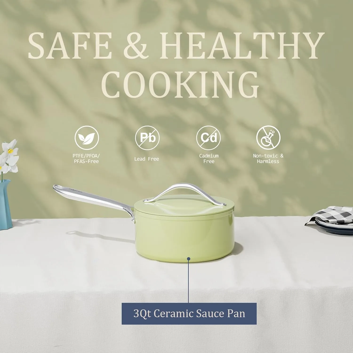 Nonstick Ceramic Saucepan with Lid 3 qt for Induction Cooktops - Non Toxic, PTFE/PFOA/PFAS Free, Oven & Dishwasher Safe up to 500°F – Cooking Pot with Stay-Cool Handle - Avocado Green