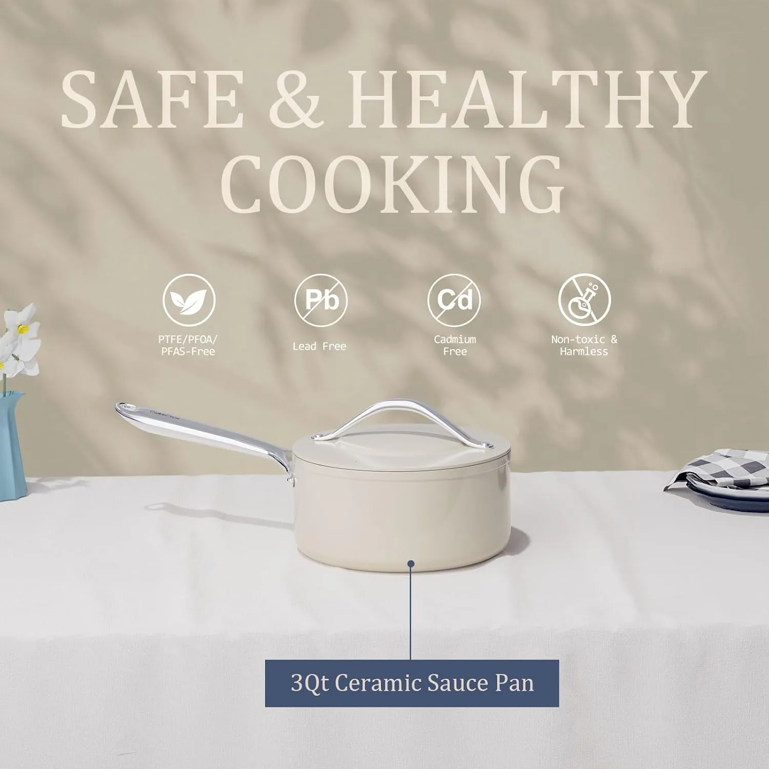 Nonstick Ceramic Saucepan with Lid 3 qt for Induction Cooktops - Non Toxic, PTFE/PFOA/PFAS Free, Oven & Dishwasher Safe up to 500°F – Cooking Pot with Stay-Cool Handle - Cream