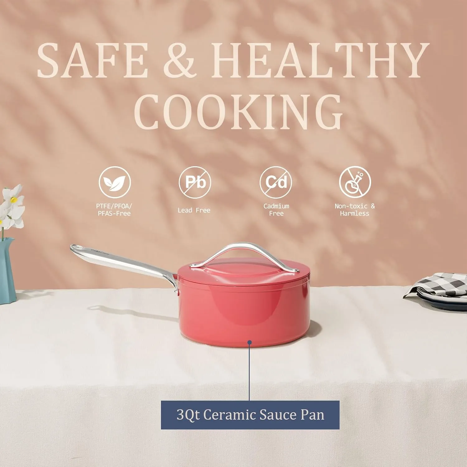 Nonstick Ceramic Saucepan with Lid 3 qt for Induction Cooktops - Non Toxic, PTFE/PFOA/PFAS Free, Oven & Dishwasher Safe up to 500°F – Cooking Pot with Stay-Cool Handle - Fusion Red