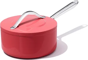 Nonstick Ceramic Saucepan with Lid 3 qt for Induction Cooktops - Non Toxic, PTFE/PFOA/PFAS Free, Oven & Dishwasher Safe up to 500°F – Cooking Pot with Stay-Cool Handle - Fusion Red