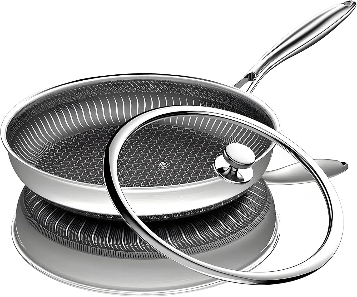 Nonstick Frying Pan, 10inch Honeycomb Frying Pan Stainless Steel Skillet with Glass Lid & Detachable Handle PFOA-Free & Scratch-Resistant for Gas Ceramic Induction Cooktops