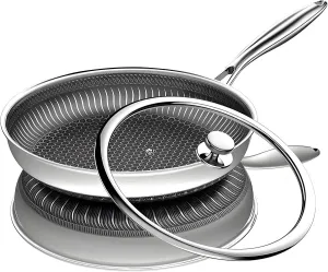Nonstick Frying Pan, 10inch Honeycomb Frying Pan Stainless Steel Skillet with Glass Lid & Detachable Handle PFOA-Free & Scratch-Resistant for Gas Ceramic Induction Cooktops