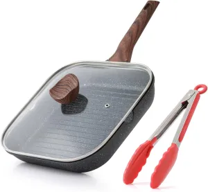 Nonstick Grilling Pan with Lid for Stove Tops, 9.5 Inch Square Grill Pan for Indoor Cooking, Granite Coating Grill Skillet with Pour Spouts, Versatile Griddle, Induction Steak Pan, PFOA Free