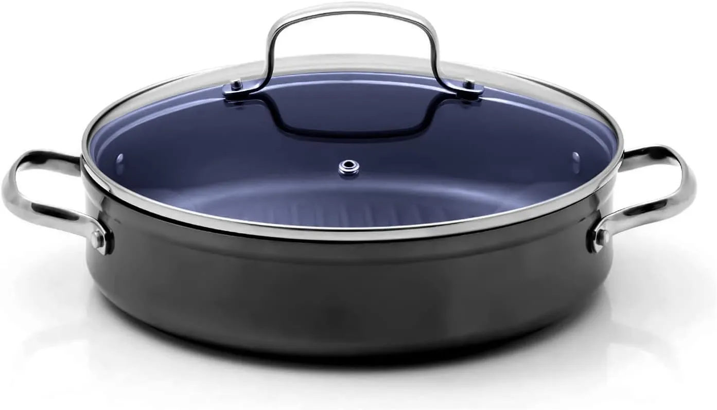 NuWave Forged Lightweight Nonstick 10.5" Grill Pan with Lid, Healthy G10 Duralon Ceramic Coated Deeper Griddle Pan Skillet, PFAS Free, Works on All Cooktops & Induction Ready