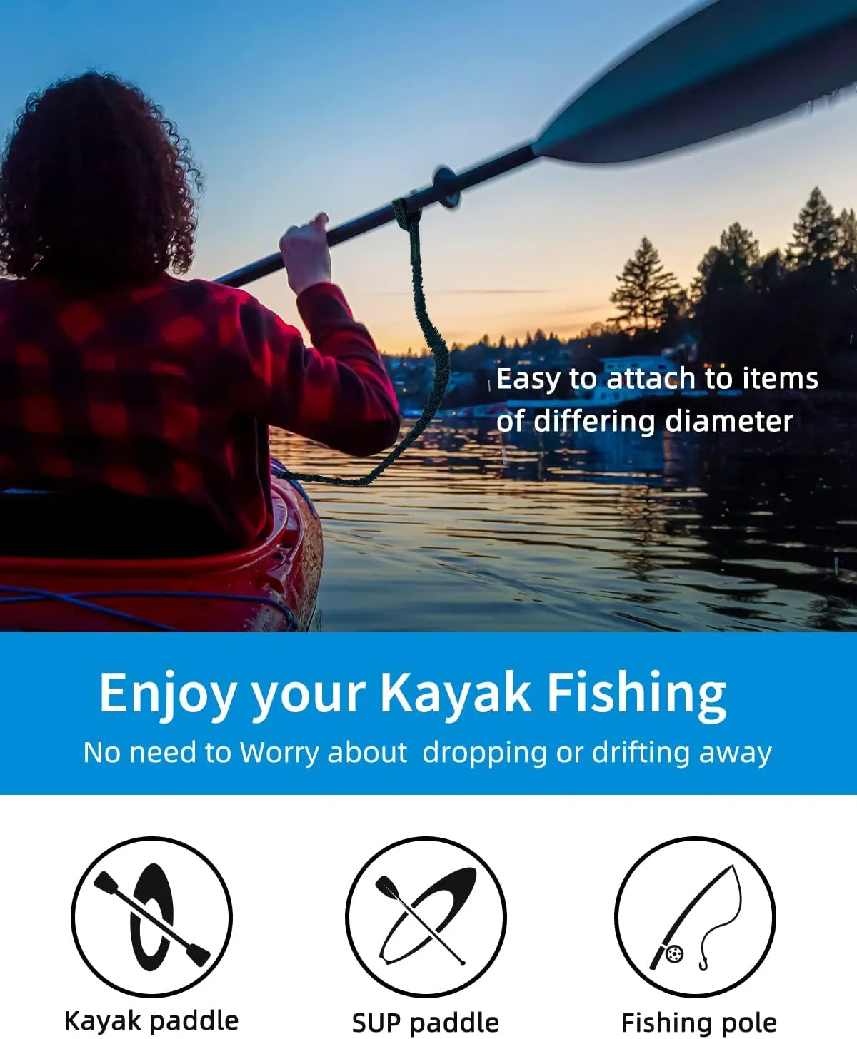 OCEANBROAD Kayak Paddle Leash Stretchable Strap Lanyard Rope for SUP Kayaking Boating Canoeing Fishing Pole Rod 4-7 Feet